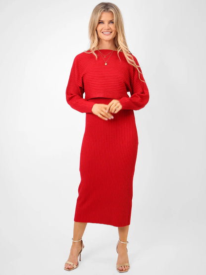 Kate And Pippa Amelia 2 piece knitted dress and top. Red, Black Or Plum