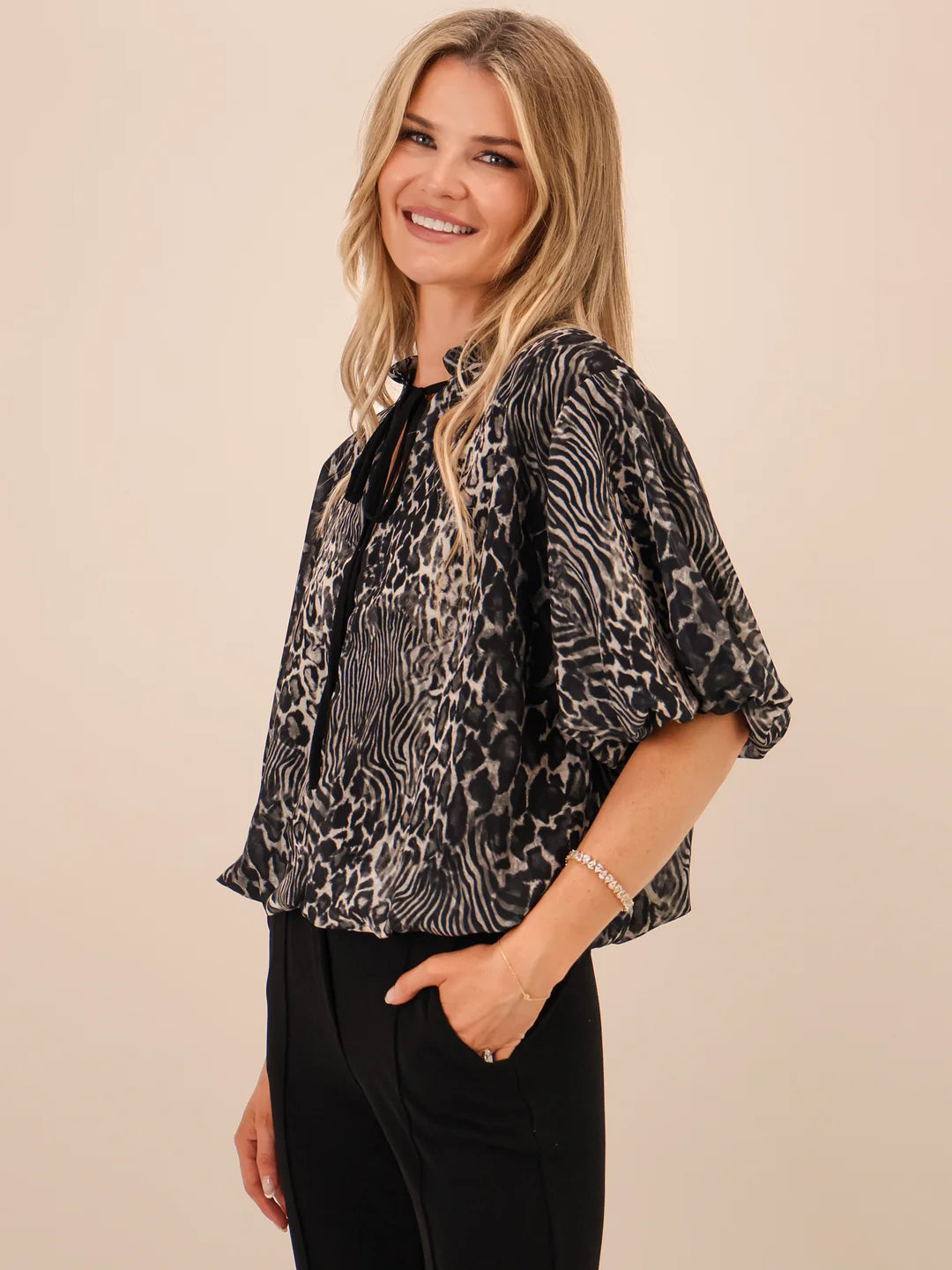 Kate &amp; Pippa Ava Animal Print Tie Neck Top