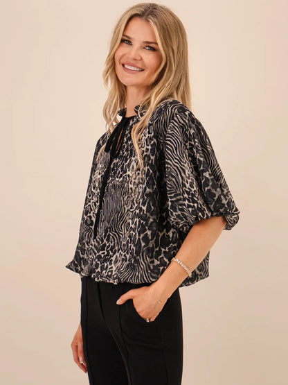 Kate &amp; Pippa Ava Animal Print Tie Neck Top