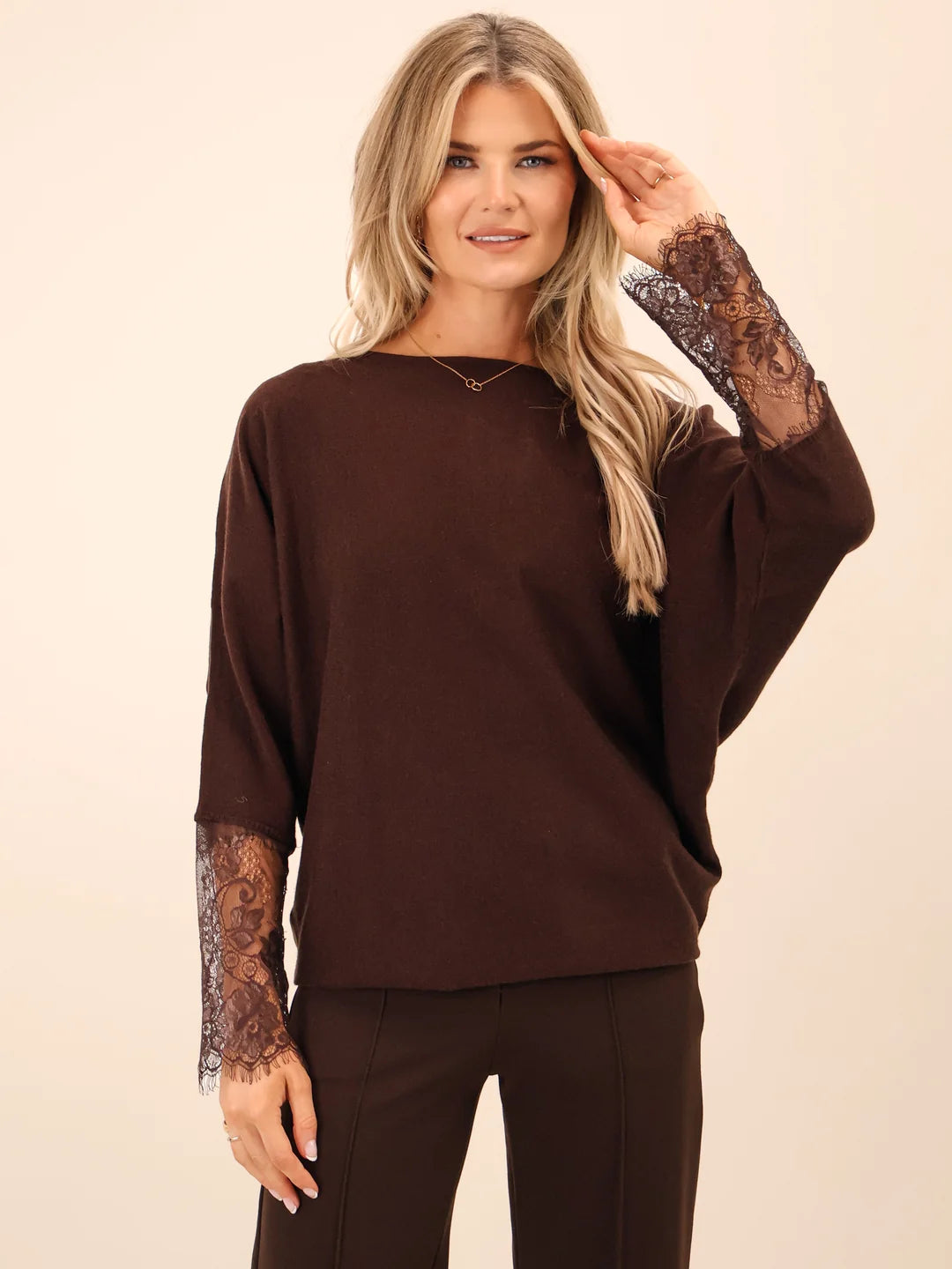 Kate And Pippa Blakely Batwing knit with Lace Sleeve