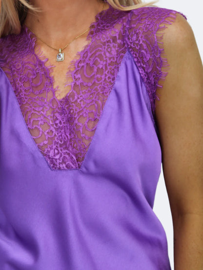 Kate And Pippa Lauren Satin Cami Top with Lace Edge Purple