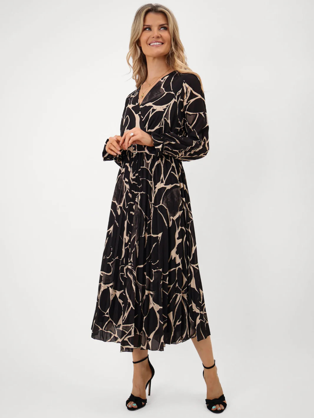 Kate And Pippa Positano Midi Dress in Black and Gold Print 2025 1