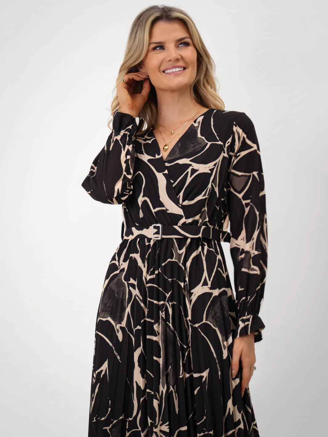 Kate And Pippa Positano Midi Dress in Black and Gold Print 2025 1