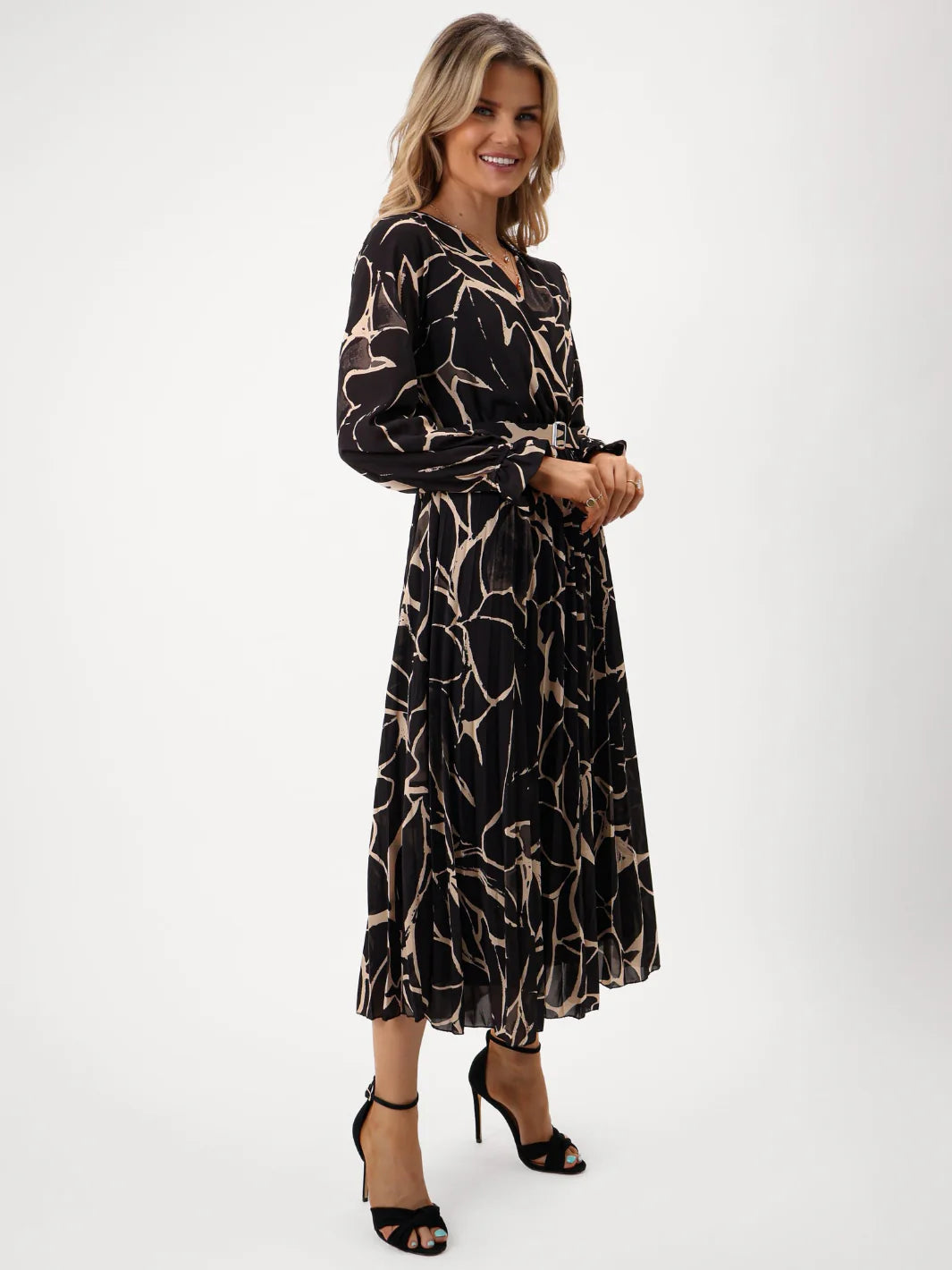 Kate And Pippa Positano Midi Dress in Black and Gold Print 2025 1