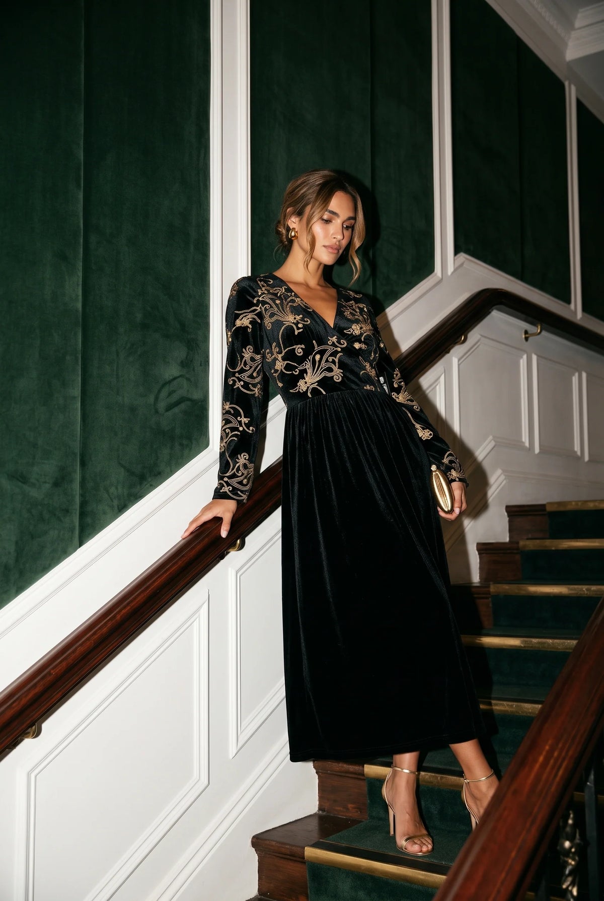 Marc Angelo Velvet Embroidered Midi Dress Black, Green or Burgundy  81188
