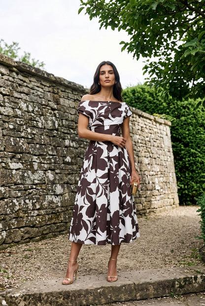 Marc Angelo Cowl neckline dress in Brown Print 181-26 Brown