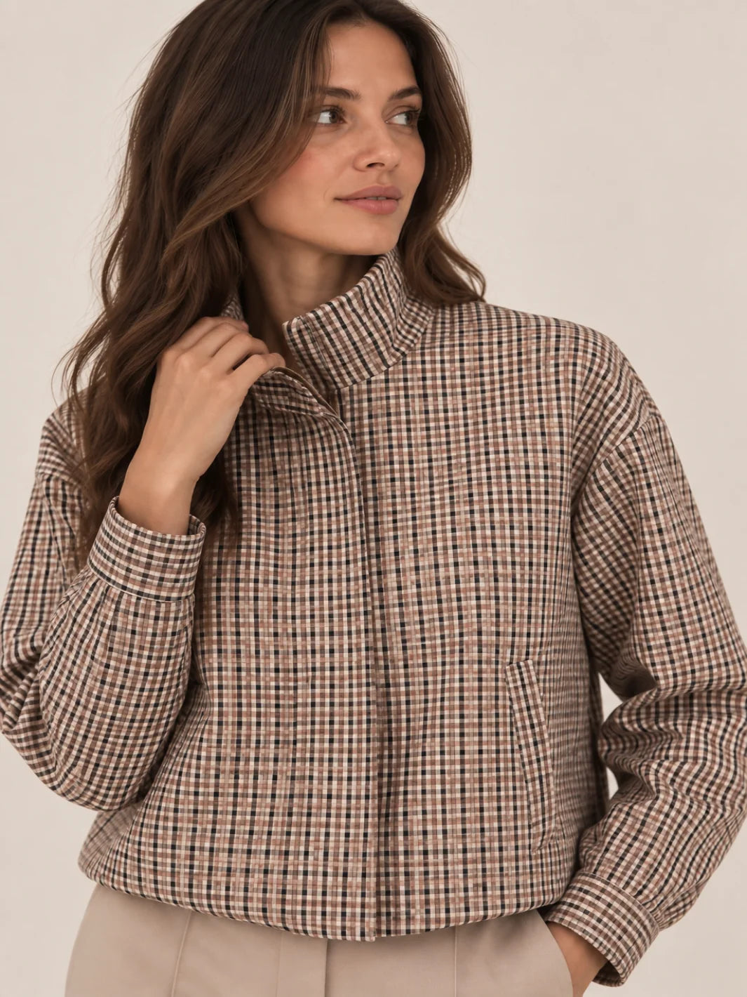 Kate And Pippa Cotswold Heritage Check Jacket with funnel neck Zip and pockets