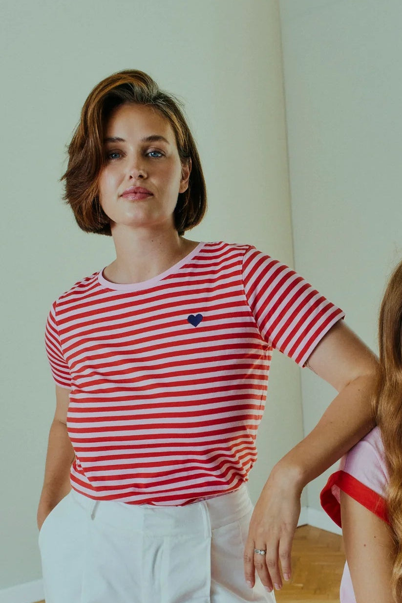 Free/Quent Prue Cotton Stripe T Shirt with heart motif 208288