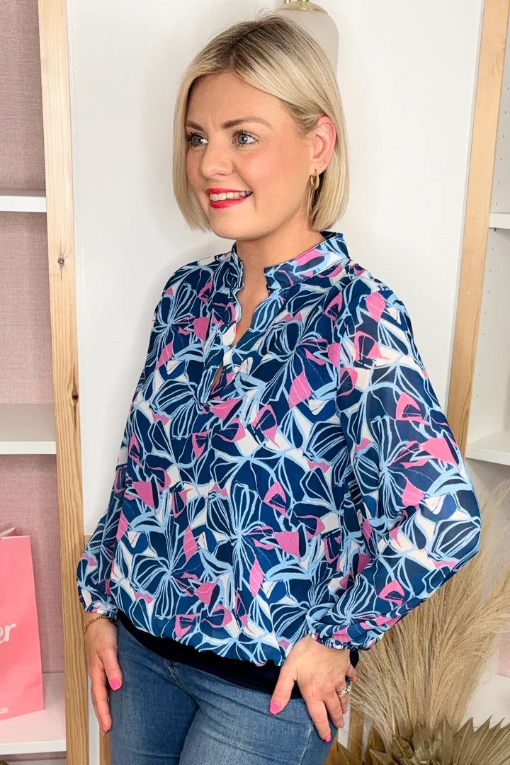 Kate band Top in Navy and Pink Print