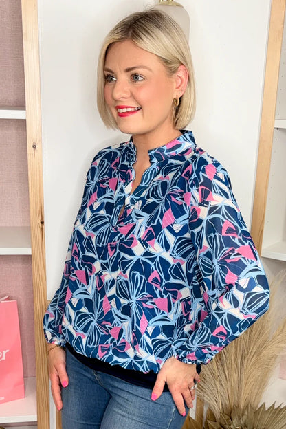 Kate band Top in Navy and Pink Print