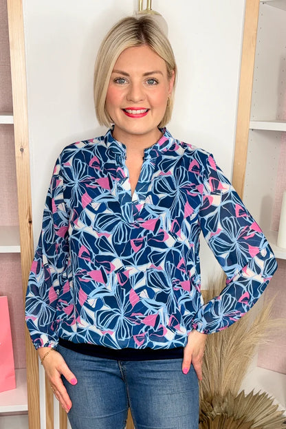 Kate band Top in Navy and Pink Print