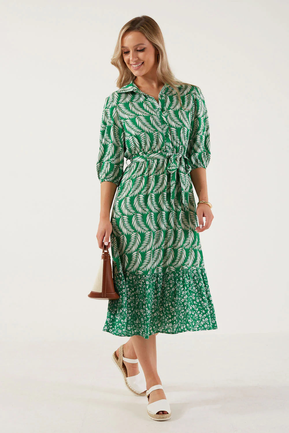 Palm print Shirt dress in green