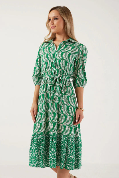 Palm print Shirt dress in green