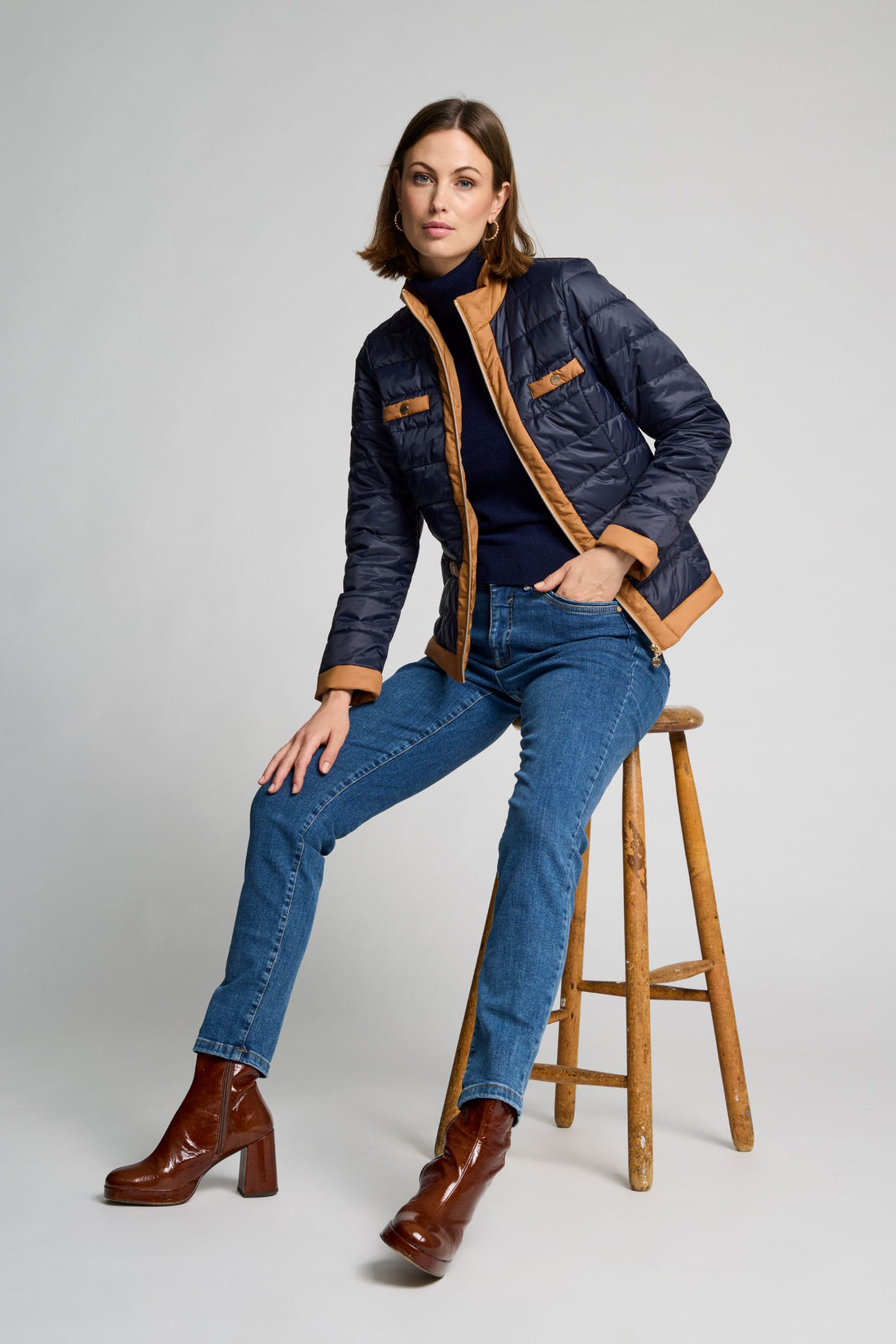 Micha Navy Quilted jacket with Tan Trim  142285