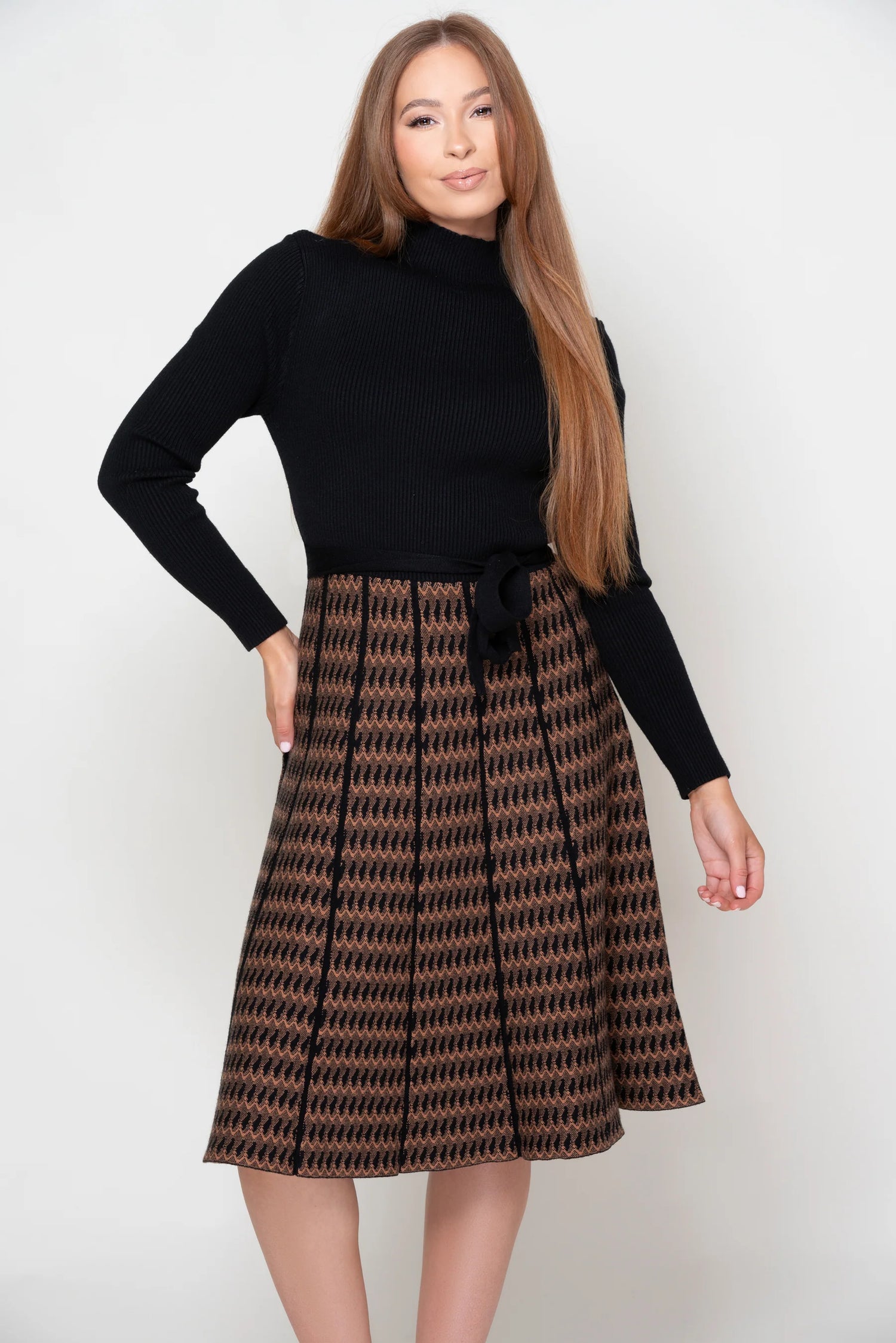 Black and Tan Knit Knee length dress with belt