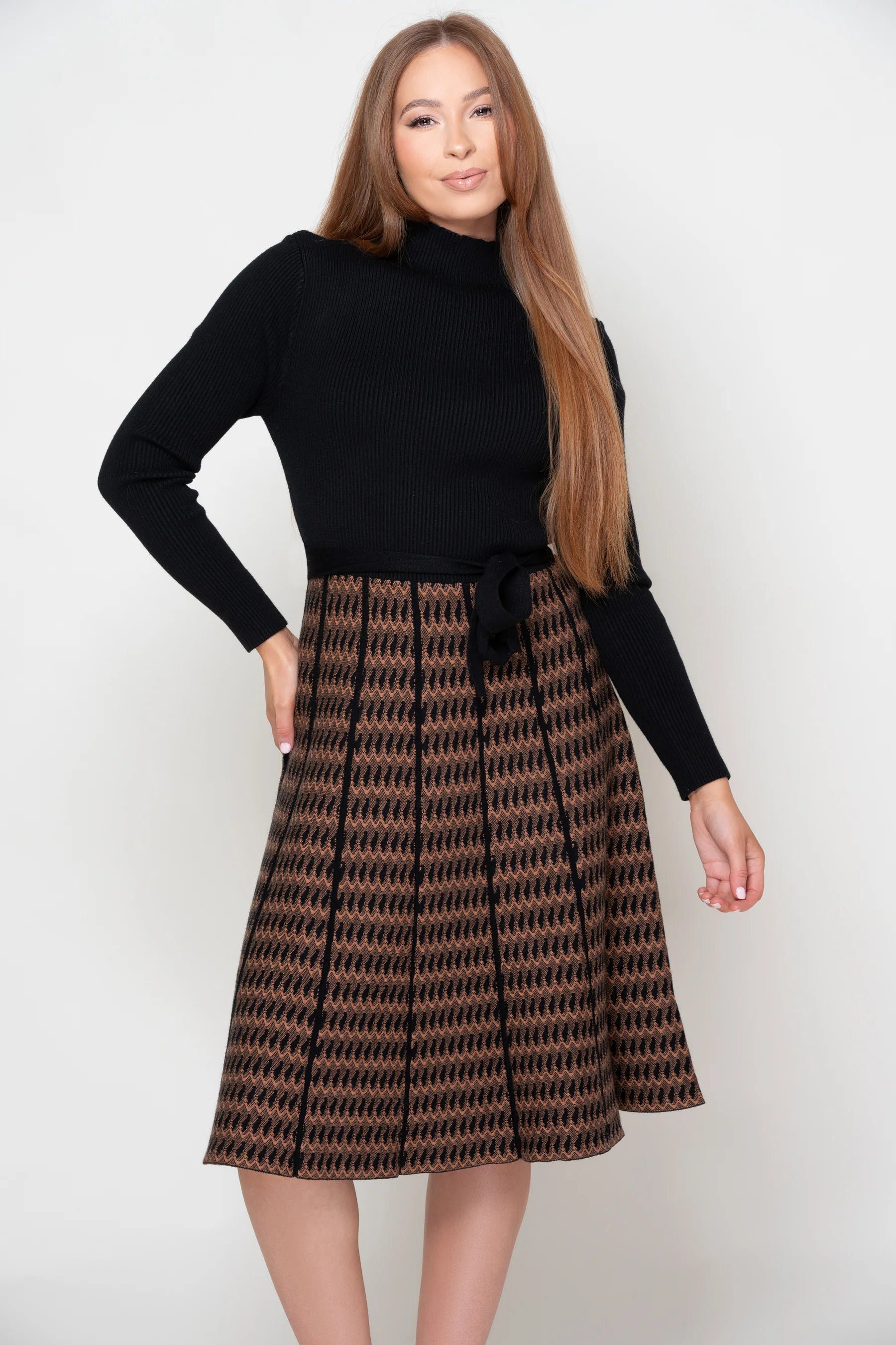Black and Tan Knit Knee length dress with belt