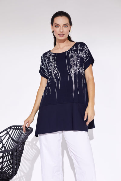 Naya Scribble print tunic with contrast fabric deep hem. navy or Mink Nas24113
