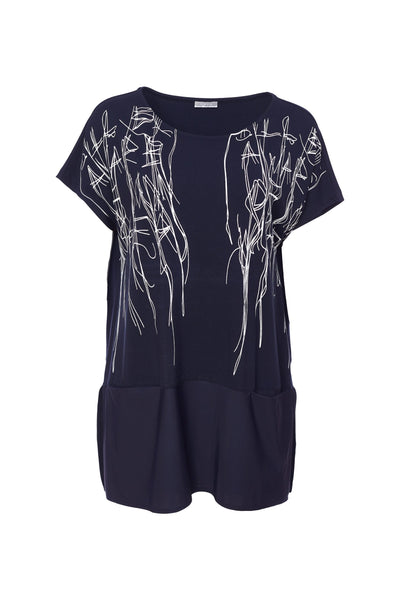 Naya Scribble print tunic with contrast fabric deep hem. navy or Mink Nas24113