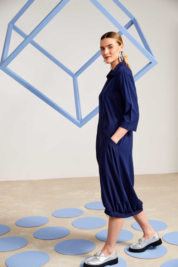 Naya Collar dress with puff ball skirt and hem panel in Navy   Nas25135