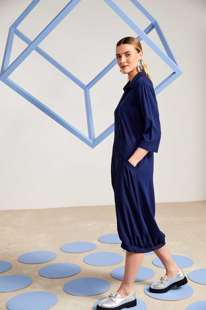 Naya Collar dress with puff ball skirt and hem panel in Navy   Nas25135