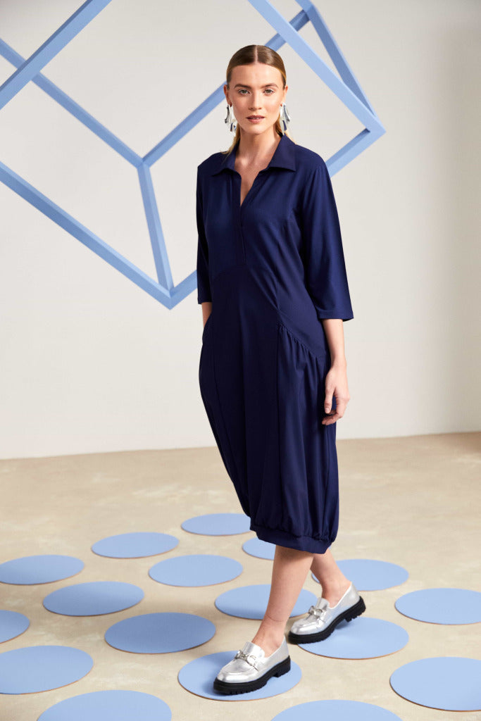 Naya Collar dress with puff ball skirt and hem panel in Navy   Nas25135