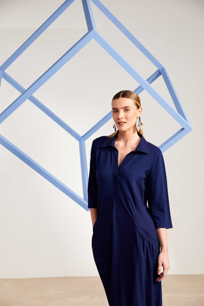 Naya Collar dress with puff ball skirt and hem panel in Navy   Nas25135