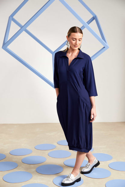 Naya Collar dress with puff ball skirt and hem panel in Navy   Nas25135