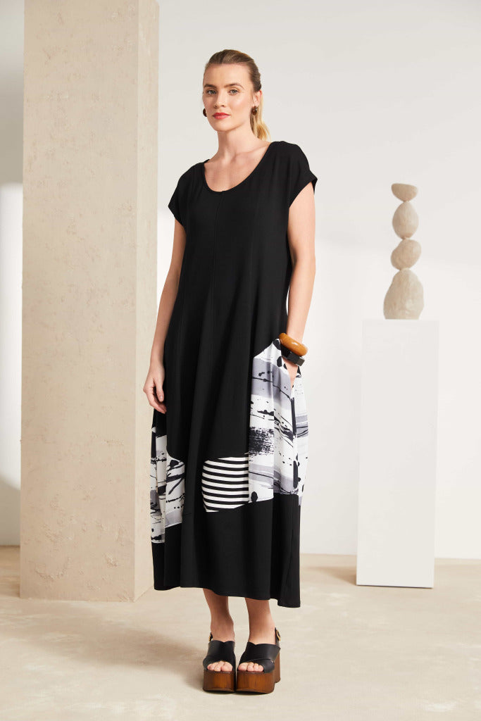 Naya Black and White Round Neck dress with contrast section Nas25140