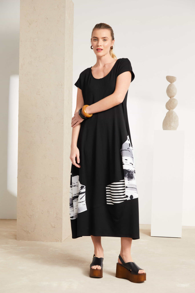 Naya Black and White Round Neck dress with contrast section Nas25140