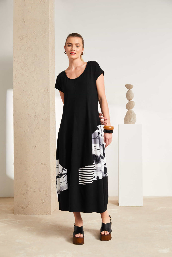 Naya Black and White Round Neck dress with contrast section Nas25140