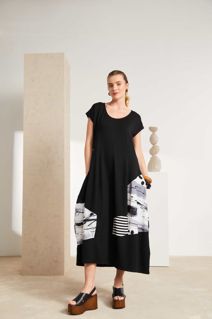 Naya Black and White Round Neck dress with contrast section Nas25140