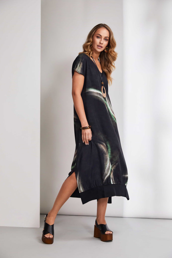 Naya Brushed stroke print dress with slit at side seam Nas25212