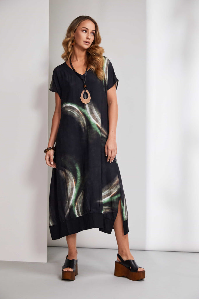 Naya Brushed stroke print dress with slit at side seam Nas25212