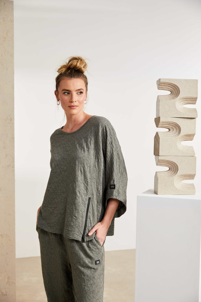 Naya Bubble fabric Top with zip detail in Silver Or Army Green Nas25221