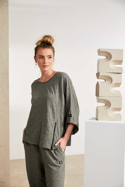 Naya Bubble fabric Top with zip detail in Silver Or Army Green Nas25221