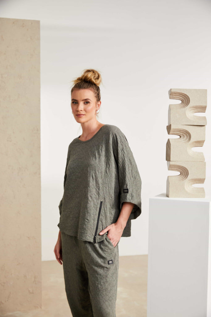 Naya Bubble fabric Top with zip detail in Silver Or Army Green Nas25221