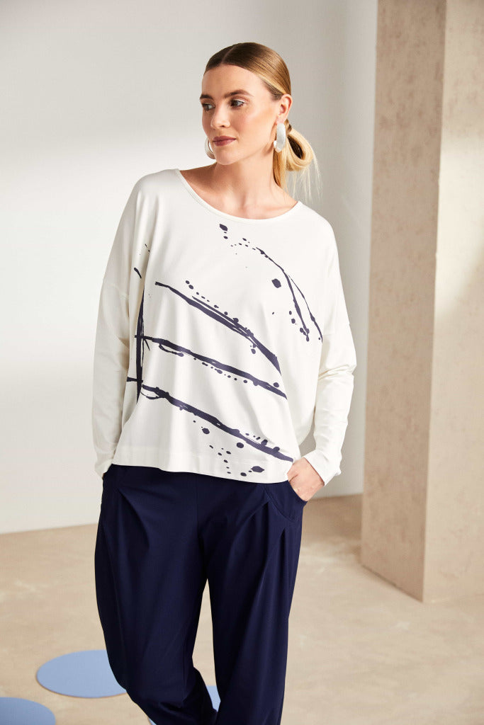 Naya Brushstroke print top in Sand Black, Or French Blue and white Nas25288