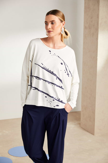 Naya Brushstroke print top in Sand Black, Or French Blue and white Nas25288