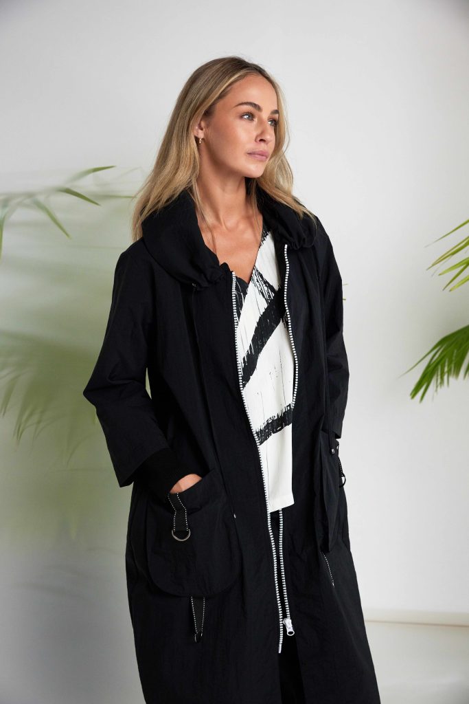 Naya Hooded Coat With D Ring Trim At Pockets IN Black or Silver  Nas26170