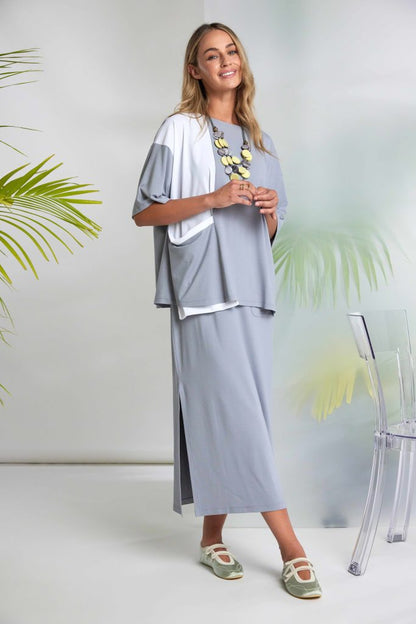 Naya Mixed Panel Round Neck Top With Dip At Hem  Nas26178