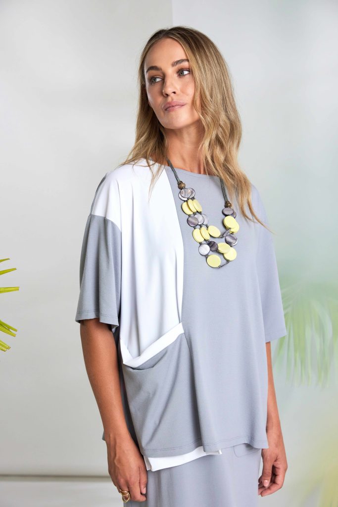 Naya Mixed Panel Round Neck Top With Dip At Hem  Nas26178