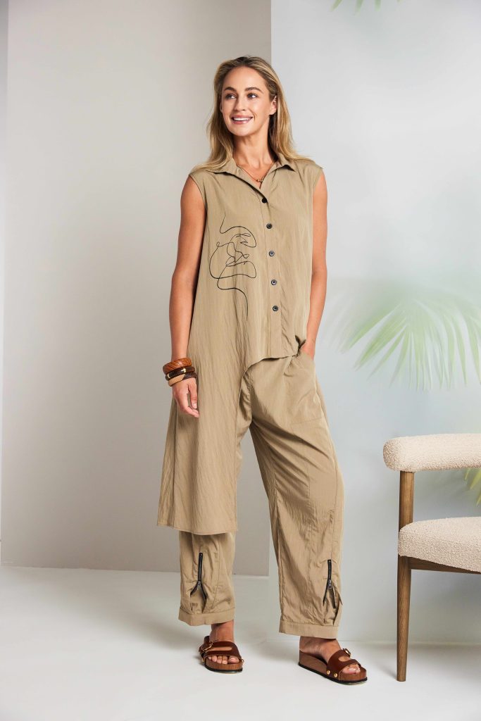 Naya Placement Print Top With Long Side Panels in Tan or Black Nas26218