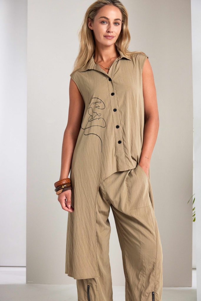 Naya Placement Print Top With Long Side Panels in Tan or Black Nas26218