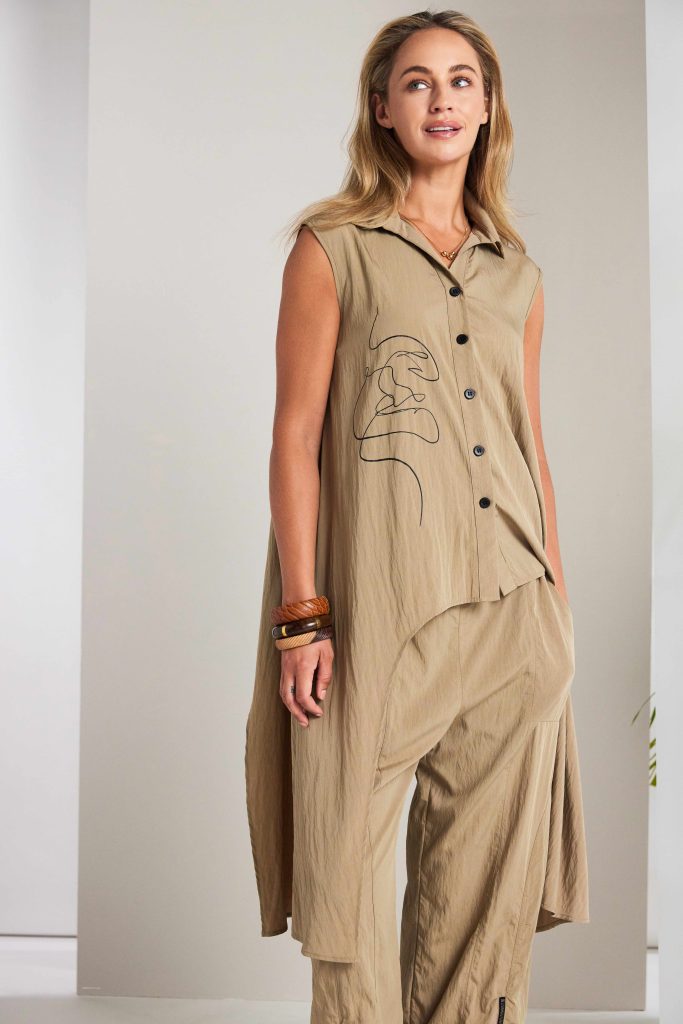 Naya Placement Print Top With Long Side Panels in Tan or Black Nas26218