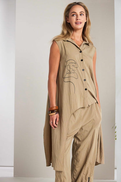 Naya Placement Print Top With Long Side Panels in Tan or Black Nas26218