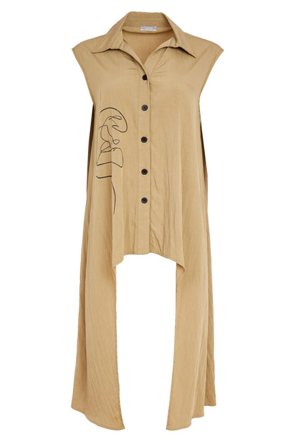 Naya Placement Print Top With Long Side Panels in Tan or Black Nas26218