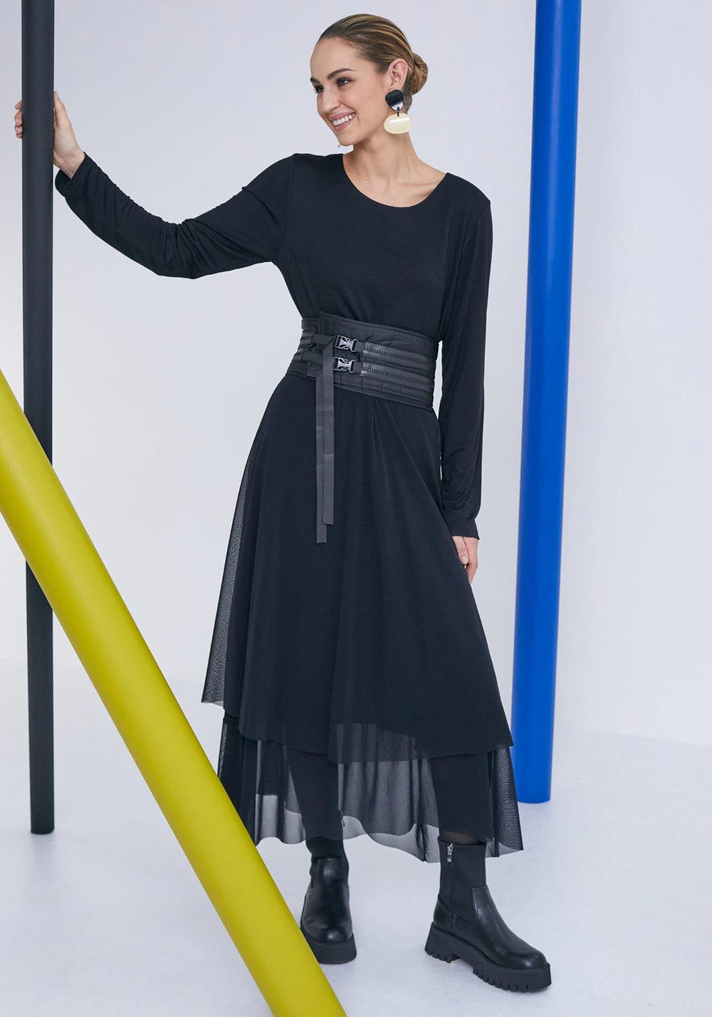 Naya Round neck dress with mesh skirt and frill hem panel  Naw25277