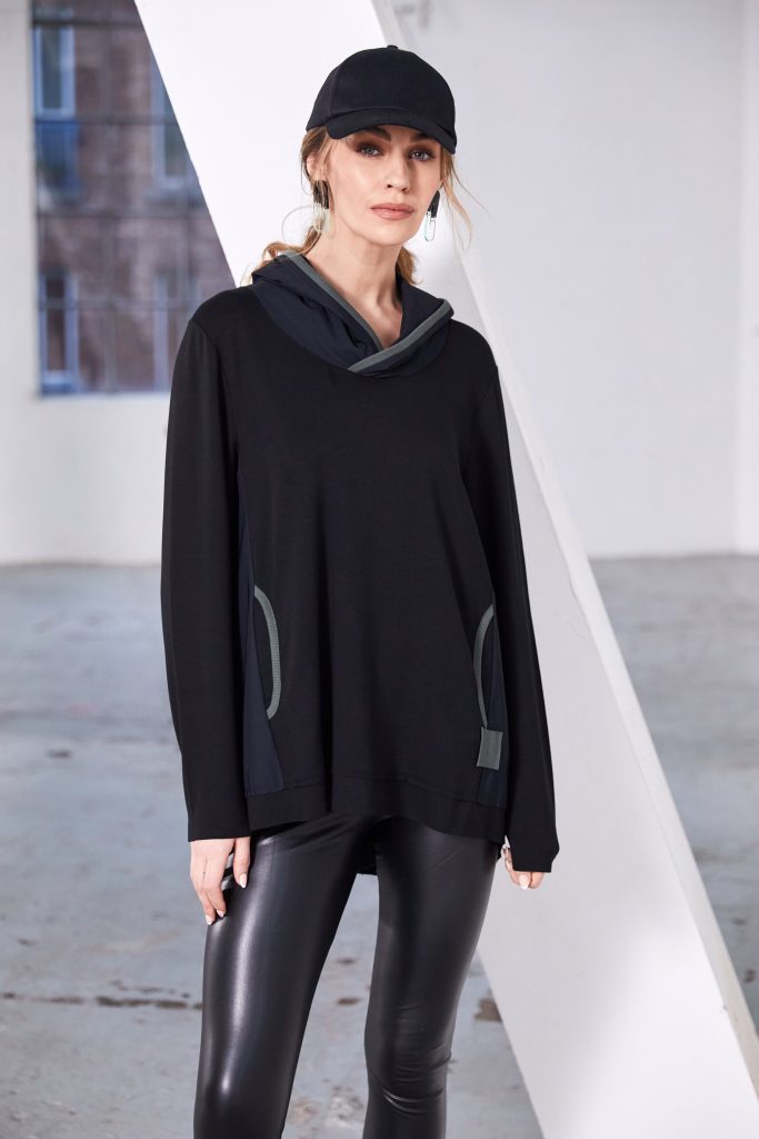 Naya Hooded long SWeatshirt with back zip detail in Black with Sand Trim Naw25126
