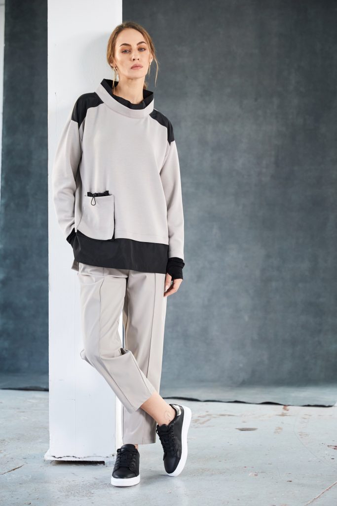 Naya Slim leg travel fabric drawstring trouser with zip pockets and front seam  Taupe or Black Naw25143
