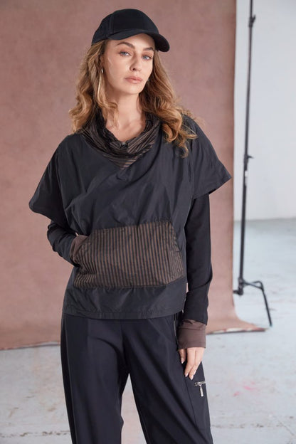 Naya Drawstring hem top with stripped pocket and collar Naw25190